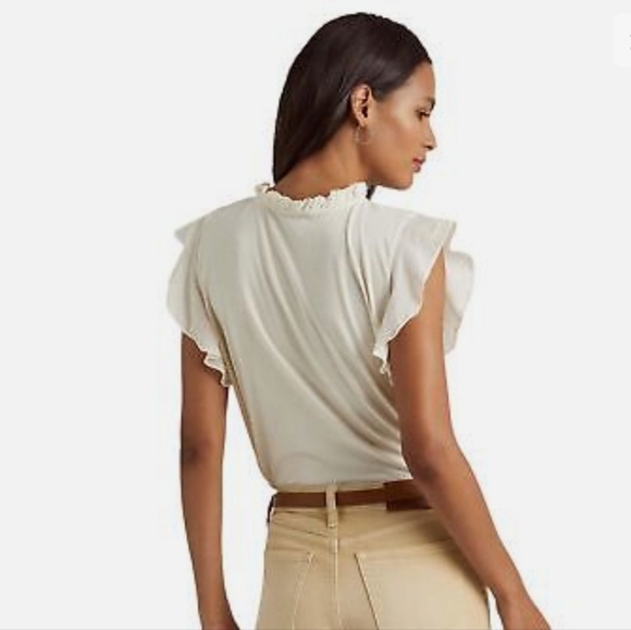 Lauren Ralph Lauren Mascarpone Cream Jersey Flutter-Sleeve Women Blouse - Picture 2 of 10